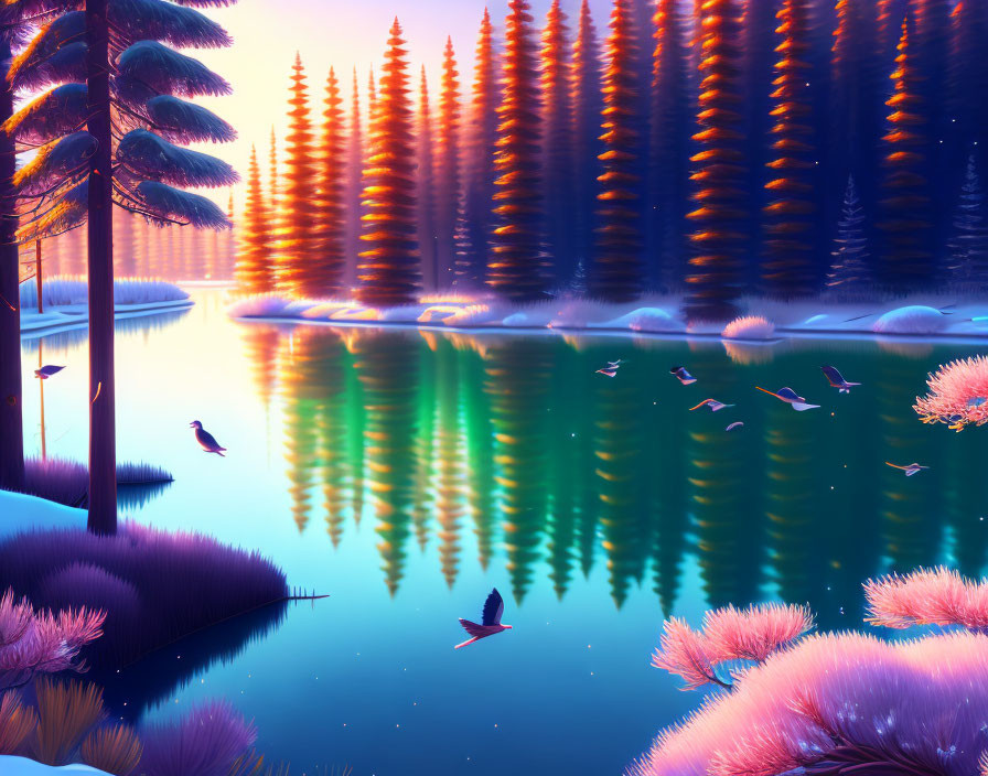 Tranquil lakeside dusk with vibrant nature reflections