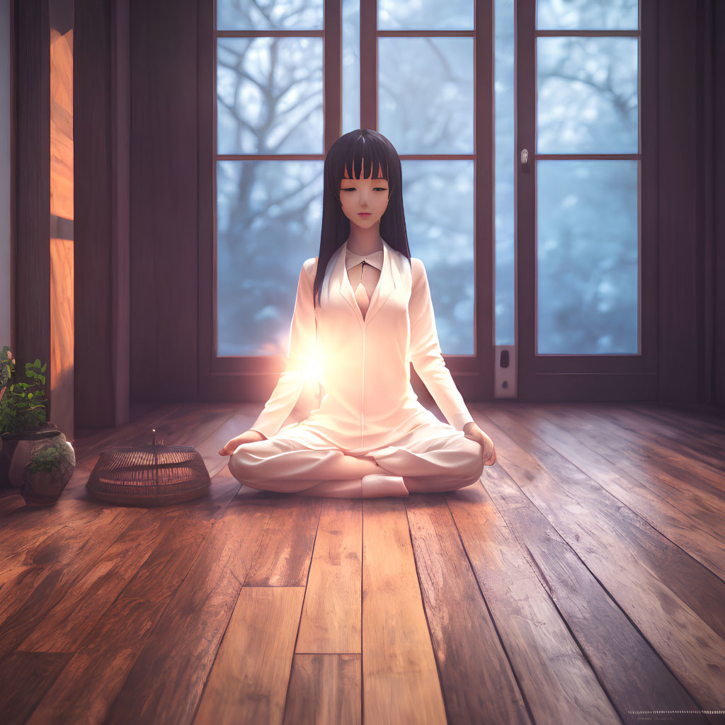 Animated character meditating with glowing heart in serene snowy landscape