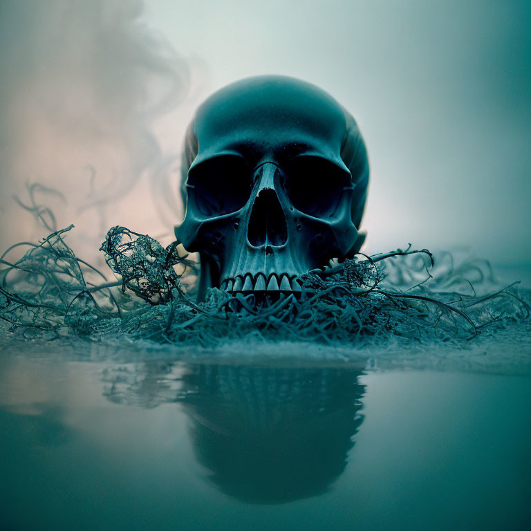 Skull partially submerged in water with twine and smoke - Dark atmospheric image