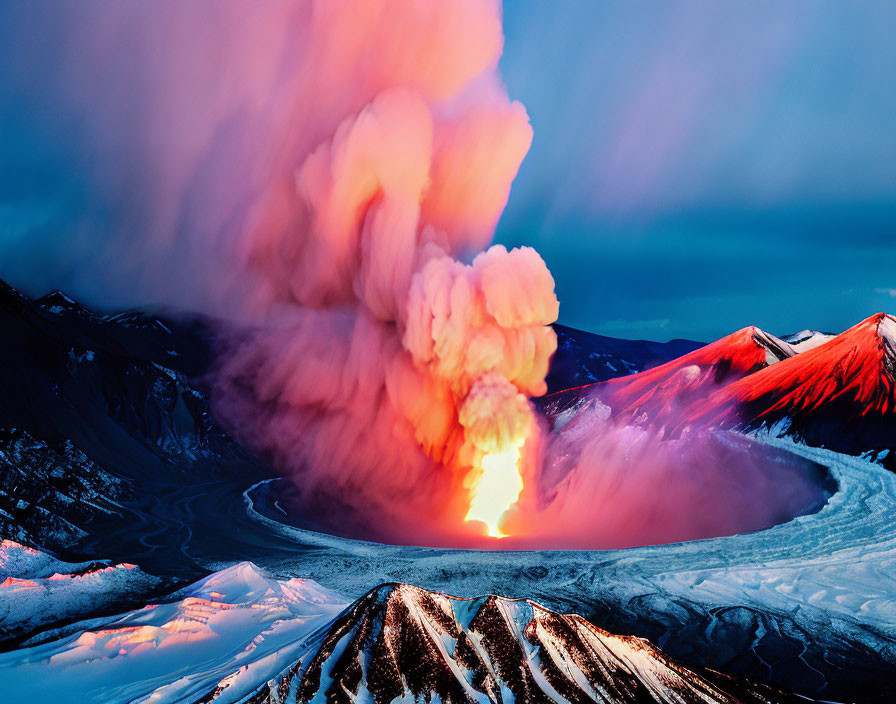 Volcanic eruption with orange flames in snowy landscape