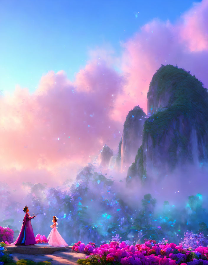 Two animated characters in elegant dresses in vibrant, fantastical landscape