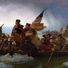 Colonial-era soldiers rowing a boat with American flag under cloudy sky