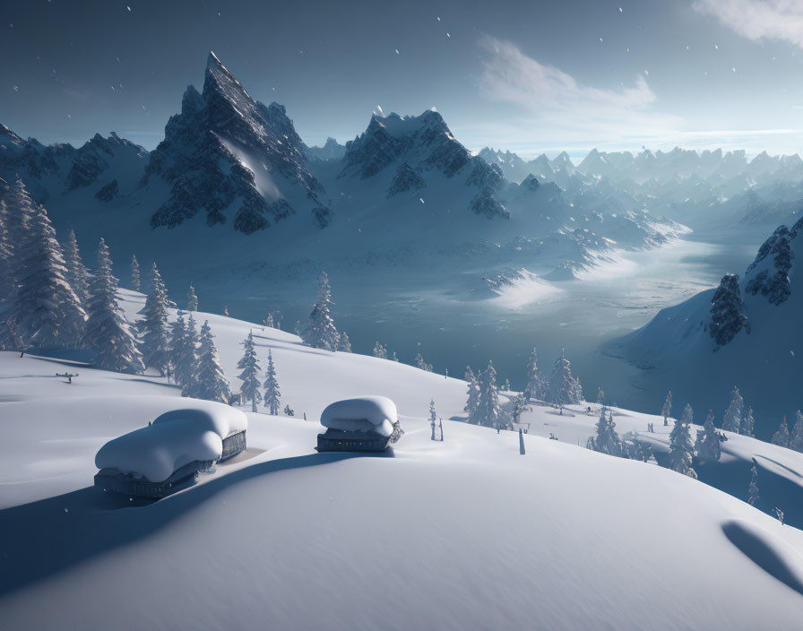 Snow-covered cabins in pine forest with mountains at twilight