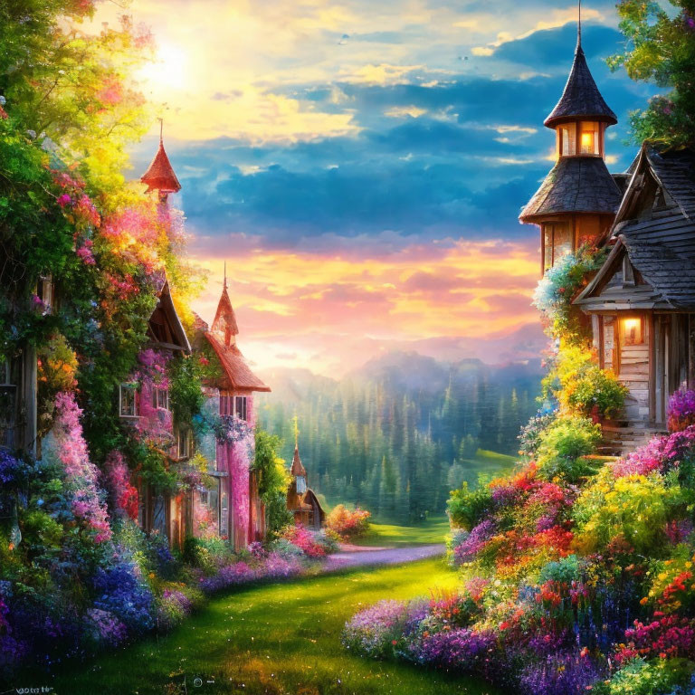 Enchanting Village with Quaint Houses and Vibrant Flowers at Sunset