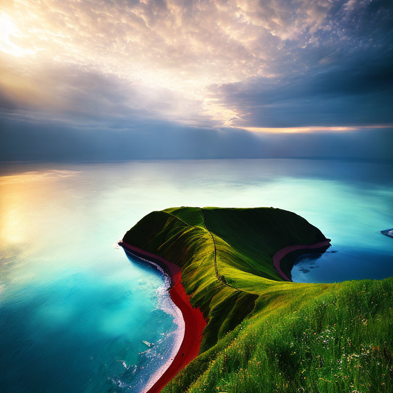 Vibrant coastal landscape: green hills, red sand beach, turquoise waters at sunset