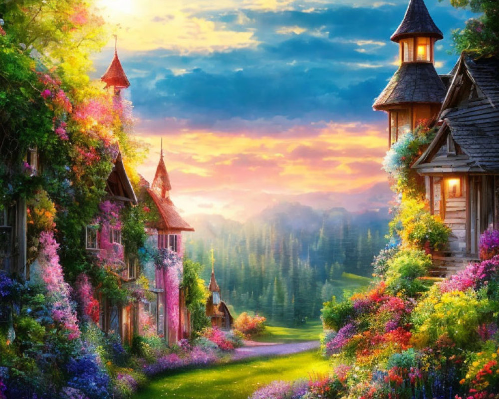 Enchanting Village with Quaint Houses and Vibrant Flowers at Sunset