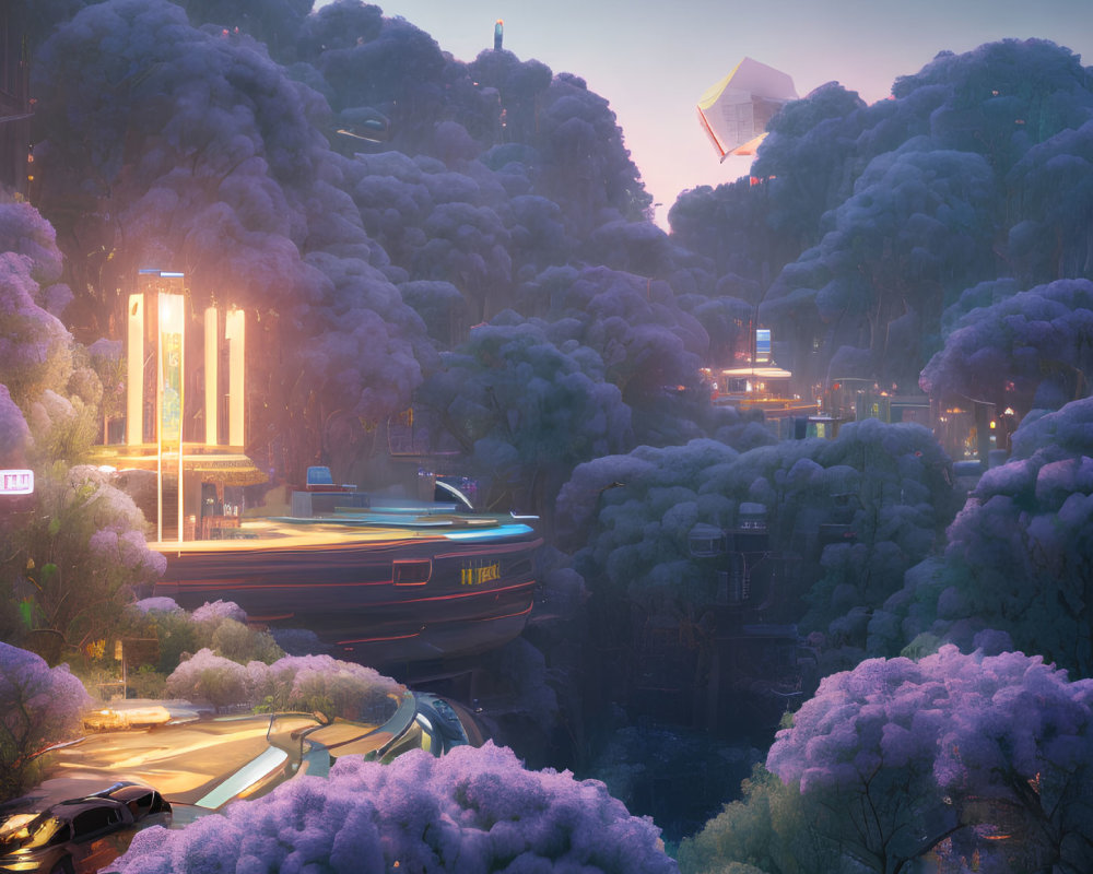 Futuristic cityscape with floating vehicles, neon signs, and lush trees