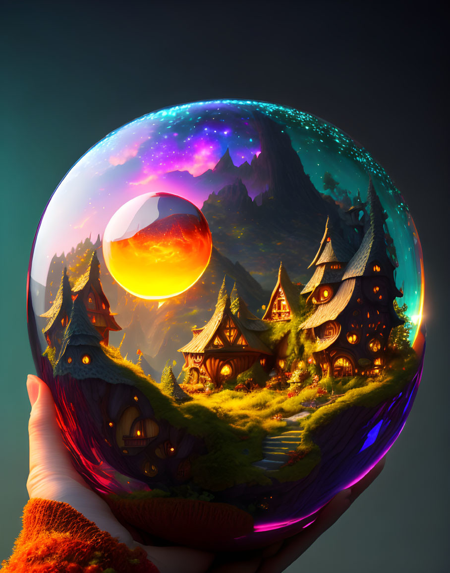 Crystal ball displays vibrant fantasy world with colorful sky and whimsical elements.