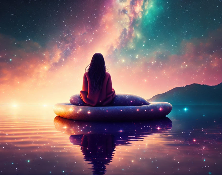 Meditating Person on Float under Starry Sky with Cosmic Colors Reflection