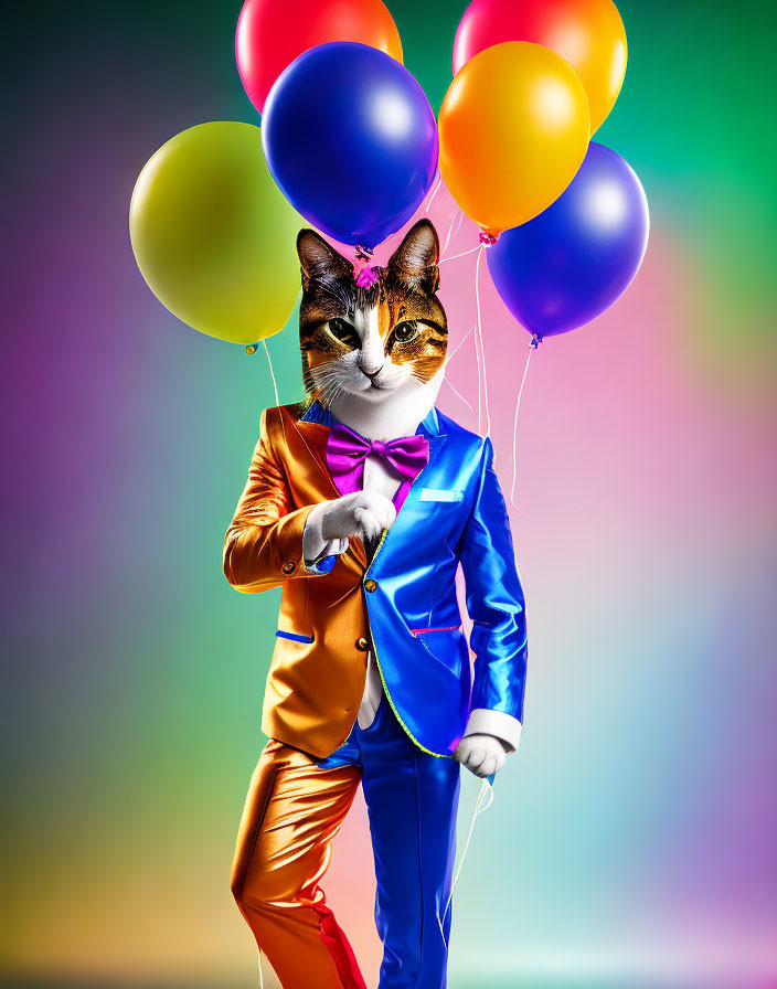 Colorful Cat in Orange and Blue Suit with Balloons on Rainbow Background