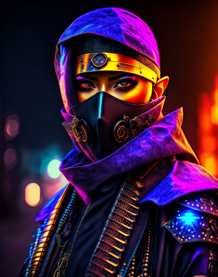 Futuristic ninja with purple headscarf and golden eyes on neon background