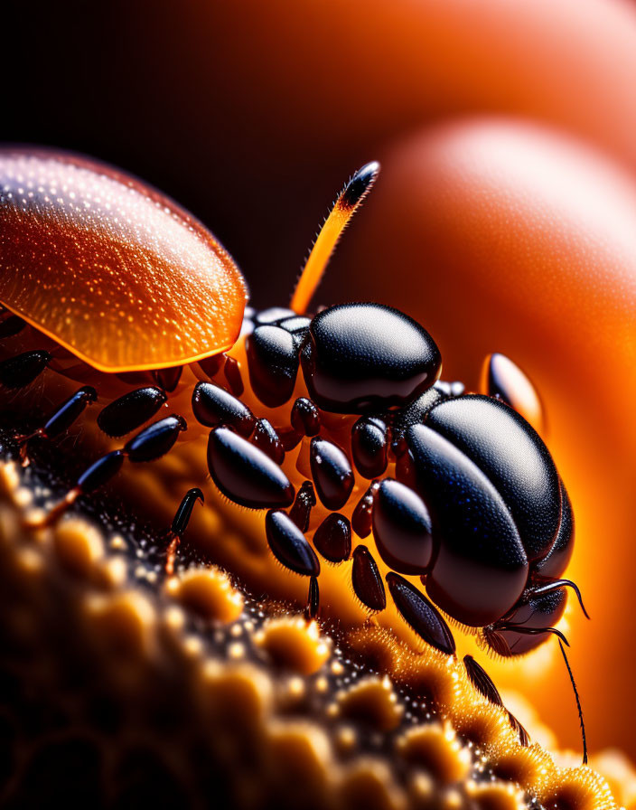 Shiny black insect with orange antennae on abstract background