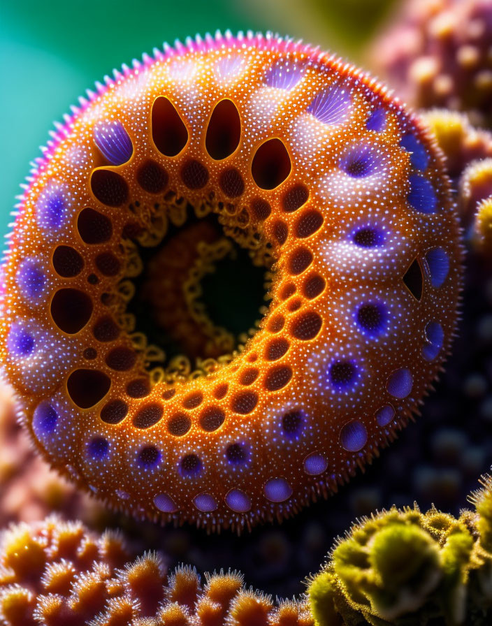 Colorful sea anemone with purple-tipped, orange tentacles in close-up view