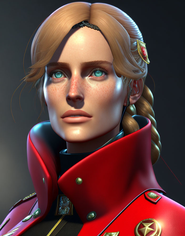 Detailed 3D-rendered female character with blue eyes, freckles, blonde braided hair