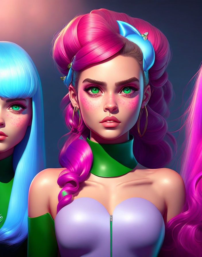 Three stylized female characters with neon hair in pink and blue, green eyes, and bold makeup on