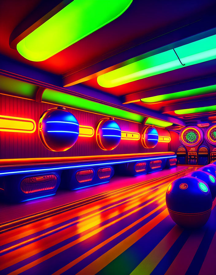 Neon-lit retro-futuristic interior with multicolored lights & spherical pods