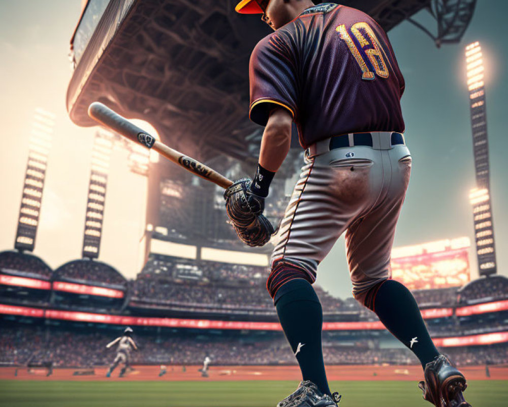 Baseball player mid-swing misses ball in stadium with spectators