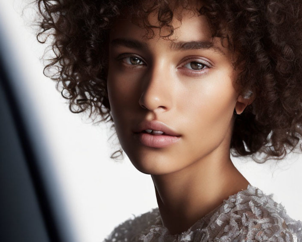 Portrait of person with curly hair, subtle makeup, and lacy top against neutral background