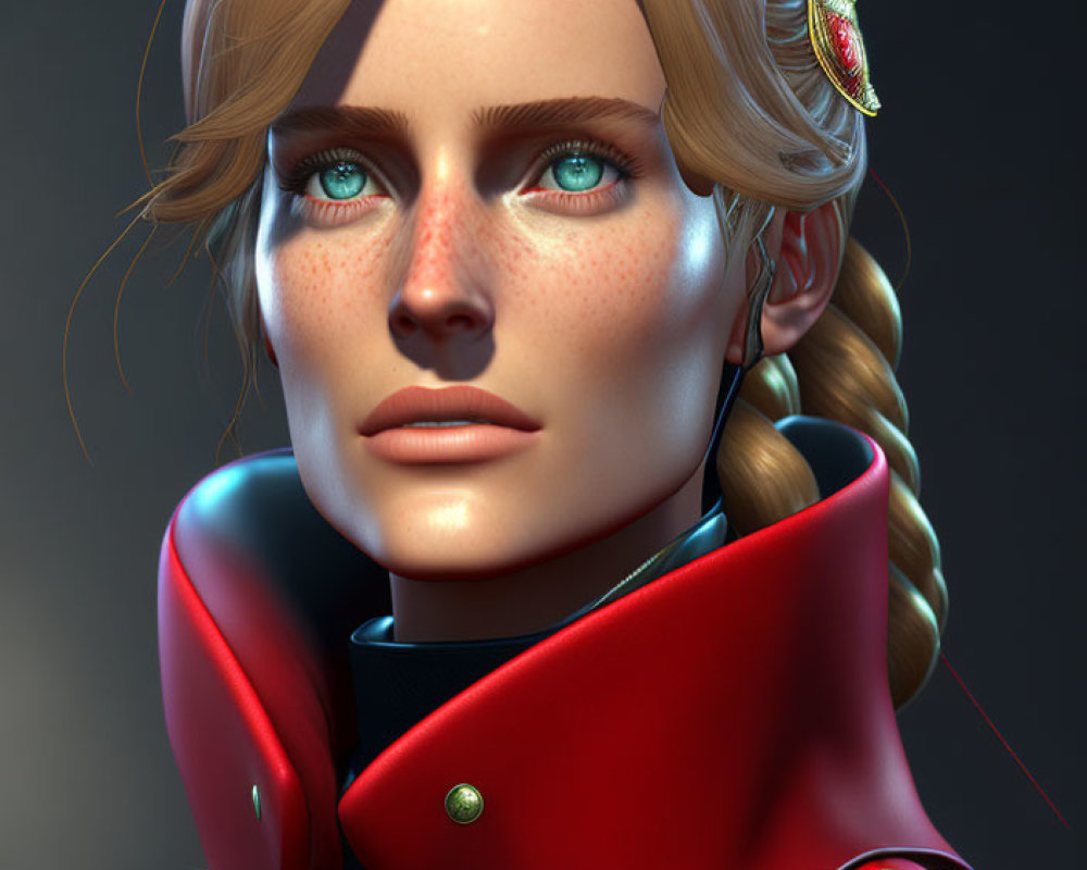 Detailed 3D-rendered female character with blue eyes, freckles, blonde braided hair