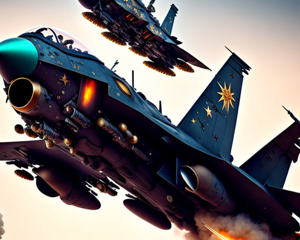 Military jets with elaborate designs flying in sunset sky, one with ignited afterburner