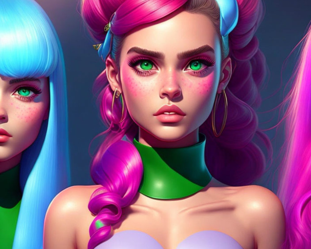 Three stylized female characters with neon hair in pink and blue, green eyes, and bold makeup on