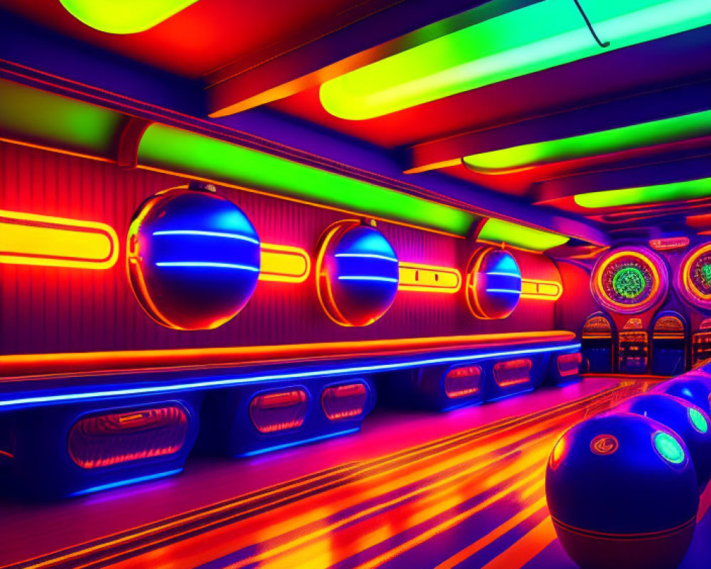 Neon-lit retro-futuristic interior with multicolored lights & spherical pods