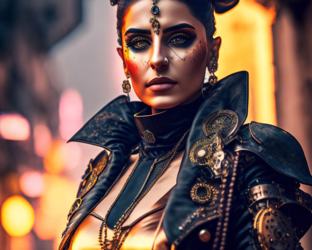 Steampunk-inspired woman in dramatic makeup and outfit against cityscape at dusk