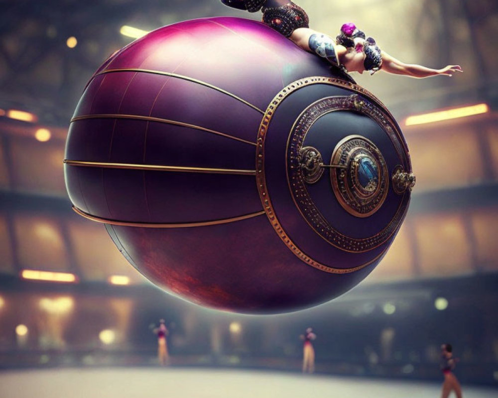 Woman balancing on ornate sphere in surreal arena with tiny figures.