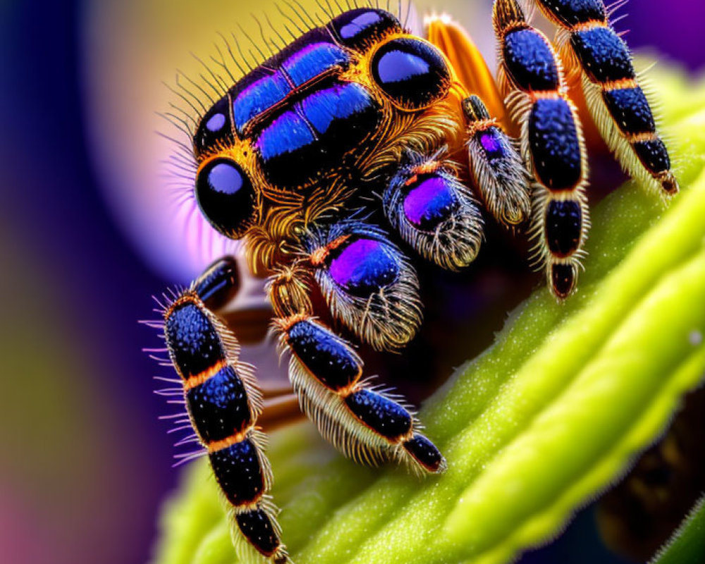 Colorful iridescent jumping spider on green leaf with blurred background