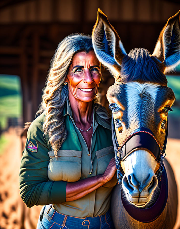 Smiling woman with long gray hair beside a donkey in rustic barn setting