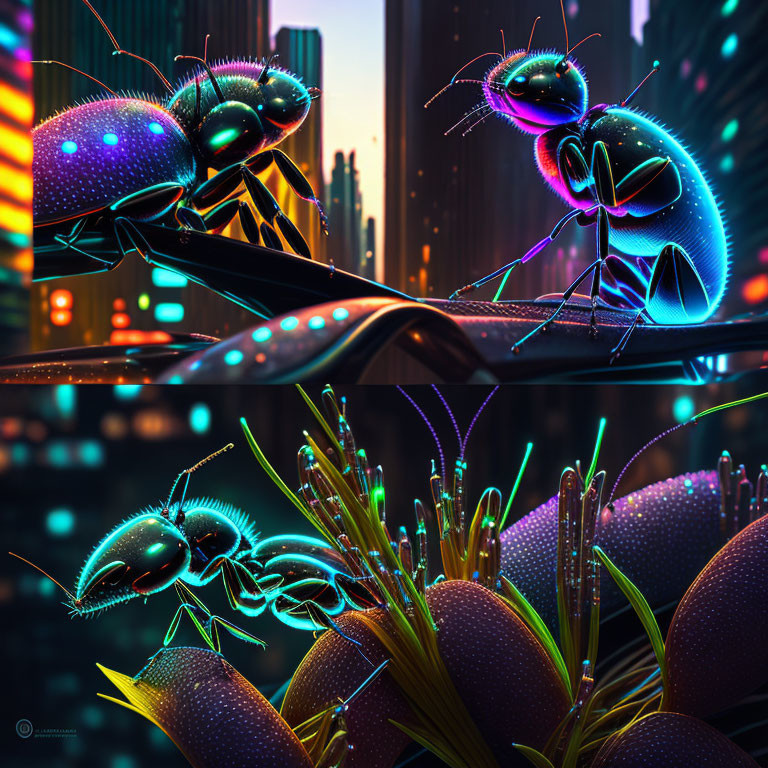 Futuristic glowing ants in neon-lit cityscape at dusk