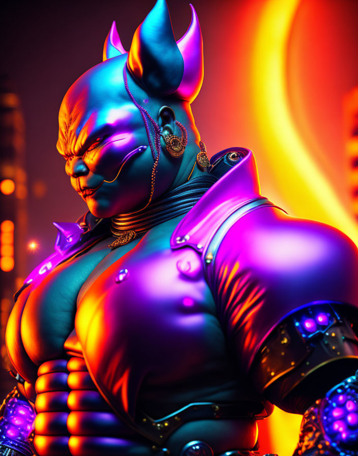 Colorful Stylized Blue Character in Purple Armor on Orange Background