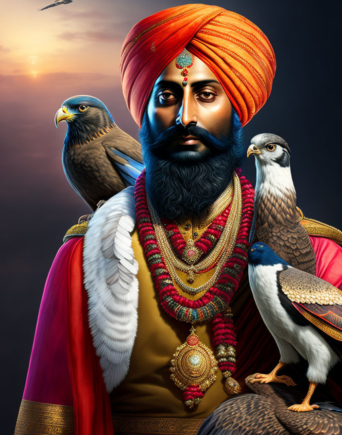 Traditional Sikh attire illustration with turban, beard, regal jewelry, and majestic birds.