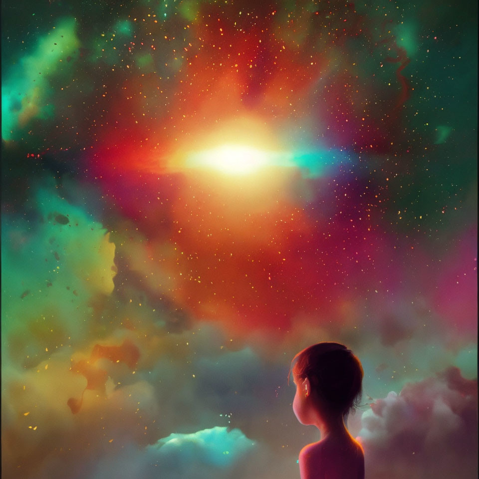 Child observing vibrant cosmic scene with central light, colorful clouds, and stars.