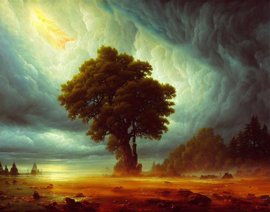 Solitary tree in misty golden landscape under stormy sky