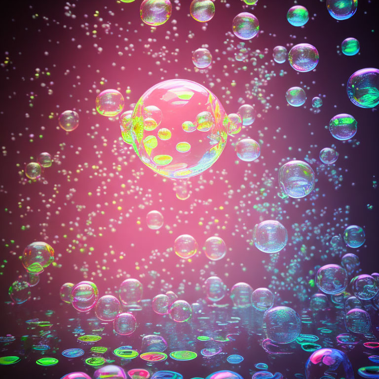 Colorful soap bubbles on pink and purple gradient background with reflections.