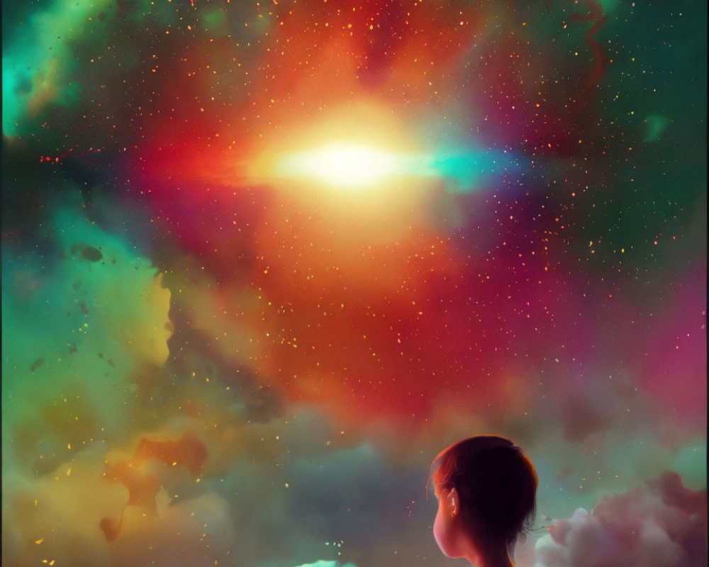 Child observing vibrant cosmic scene with central light, colorful clouds, and stars.