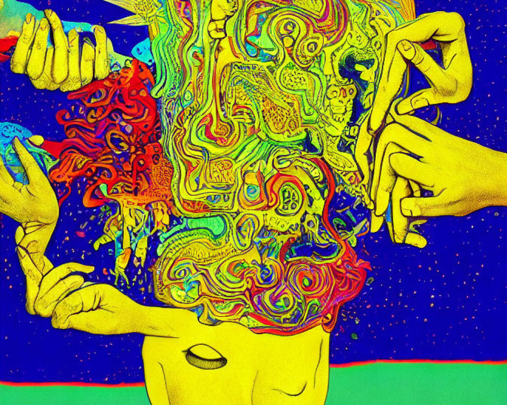 Colorful psychedelic artwork of serene face with intricate maze pattern lifted by hands against starry backdrop