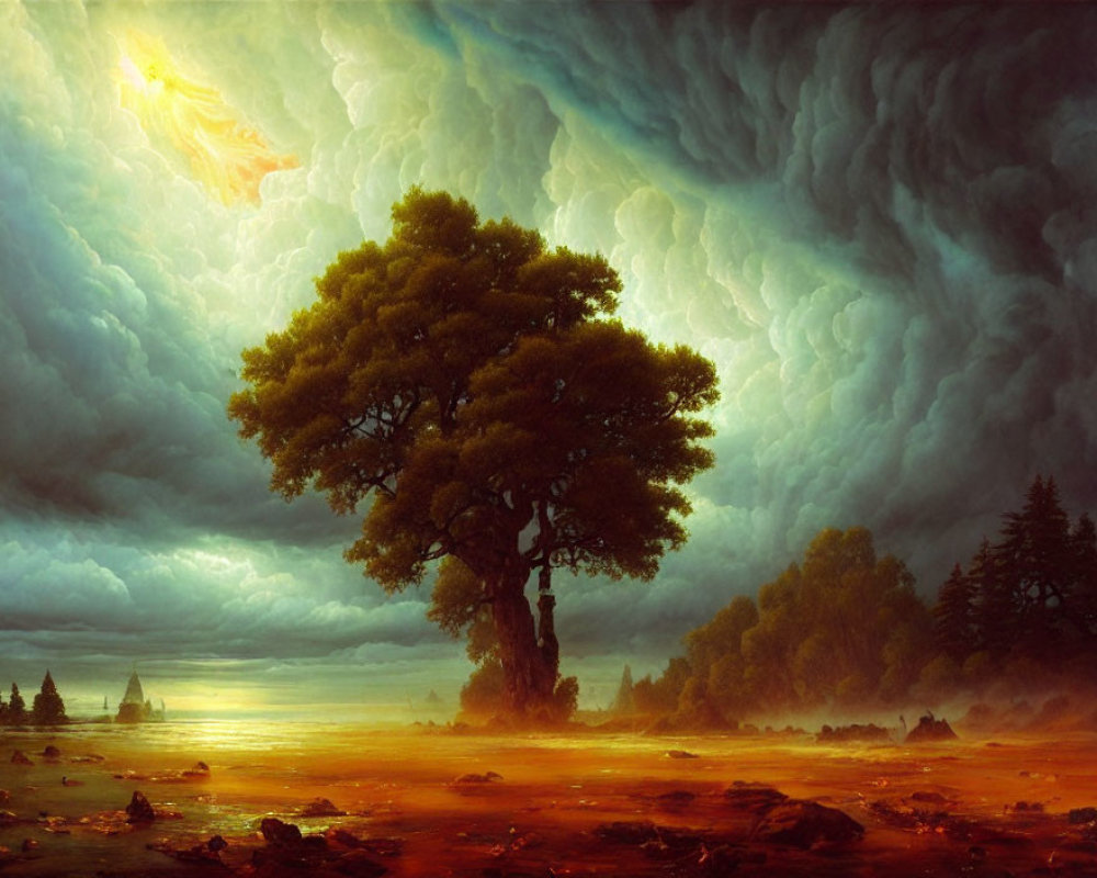 Solitary tree in misty golden landscape under stormy sky