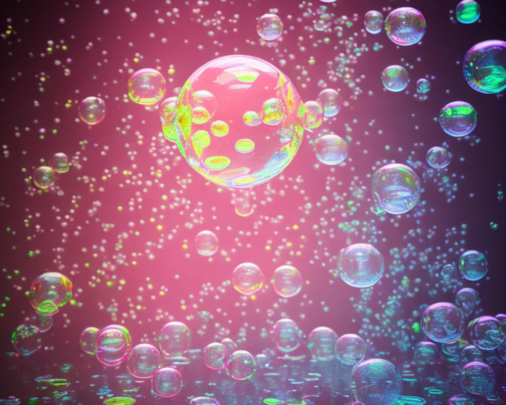 Colorful soap bubbles on pink and purple gradient background with reflections.