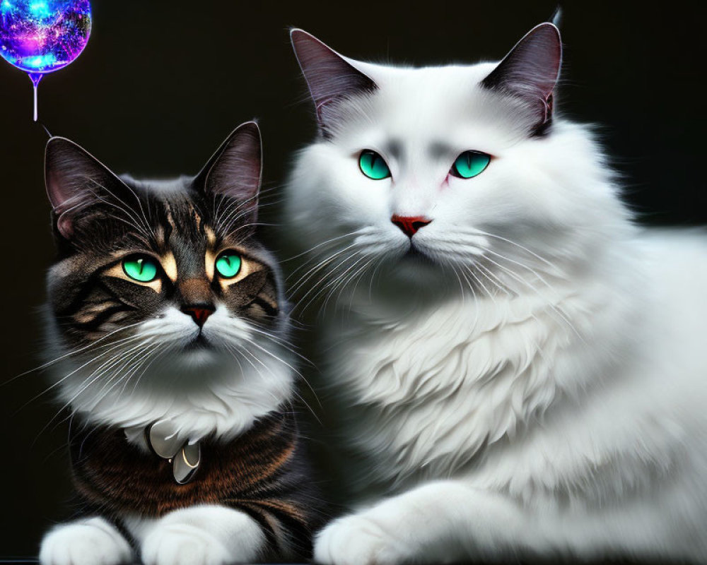 Two cats with striking green eyes, one black and brown, the other white, sitting with a small