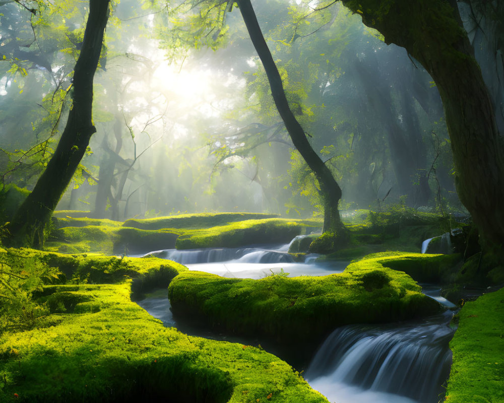 Tranquil stream with sunlight through trees and cascades