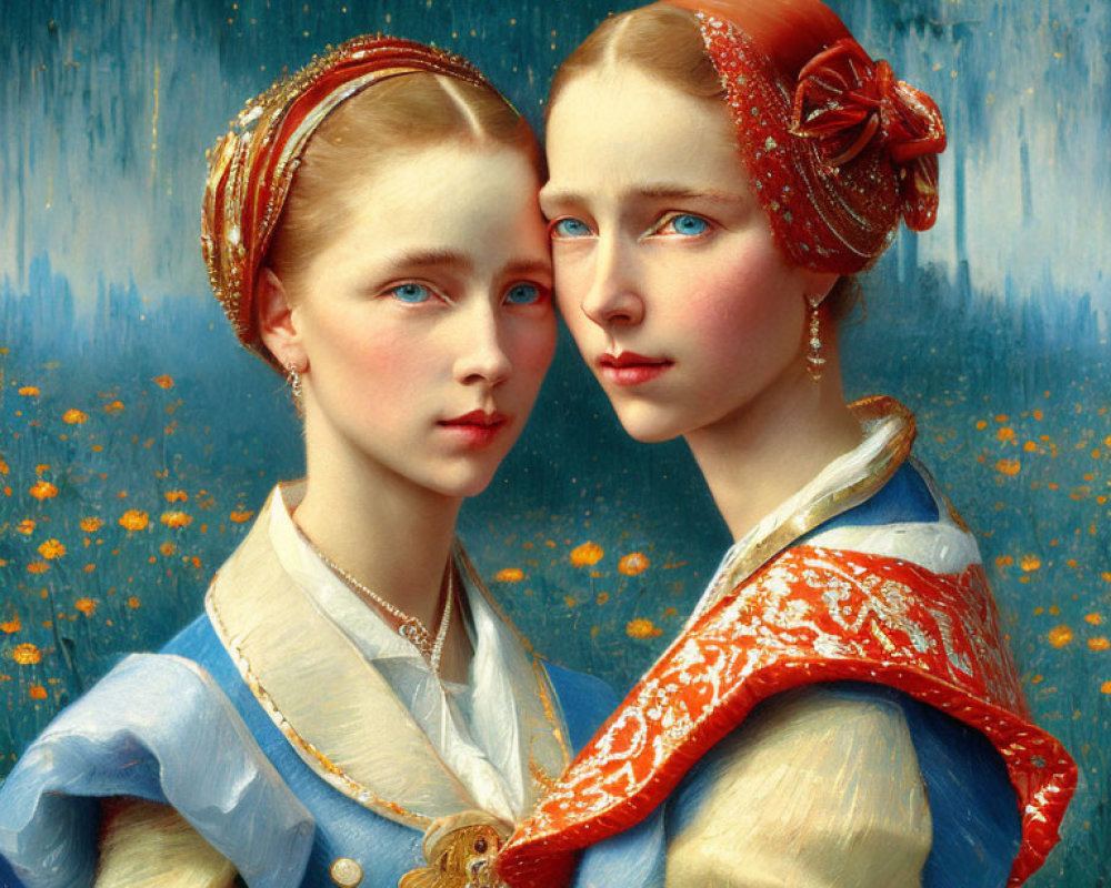 Two women in traditional attire with ornate headscarves on floral-patterned blue background