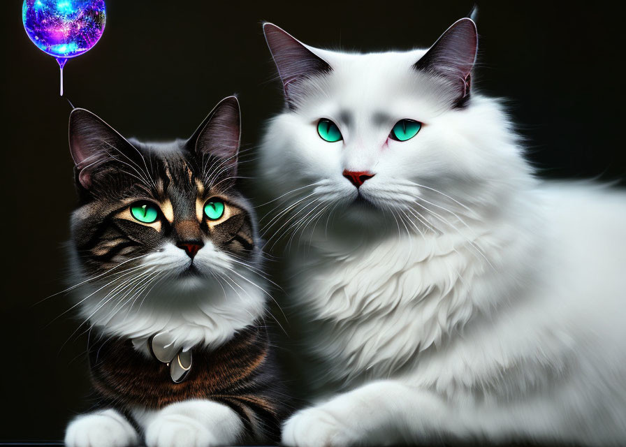 Two cats with striking green eyes, one black and brown, the other white, sitting with a small