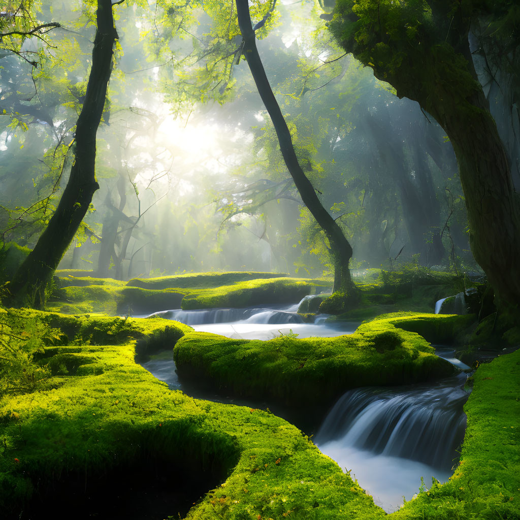 Tranquil stream with sunlight through trees and cascades