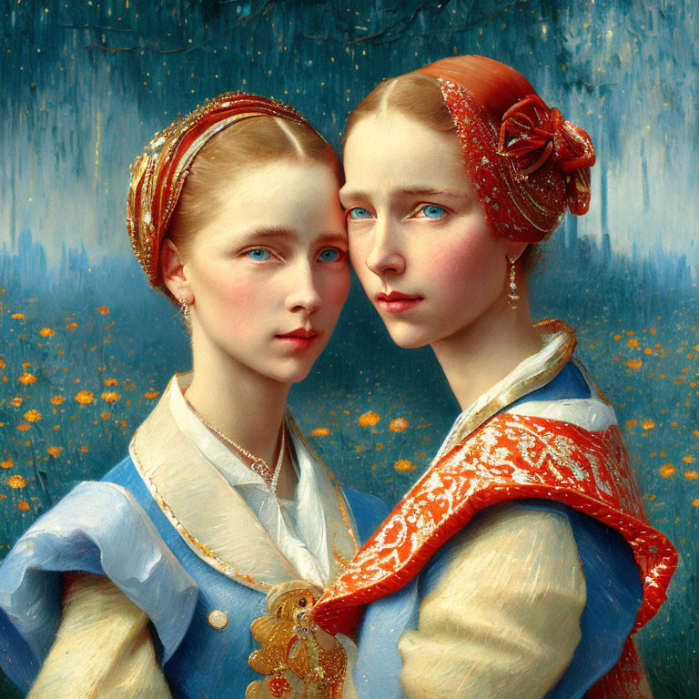 Two women in traditional attire with ornate headscarves on floral-patterned blue background