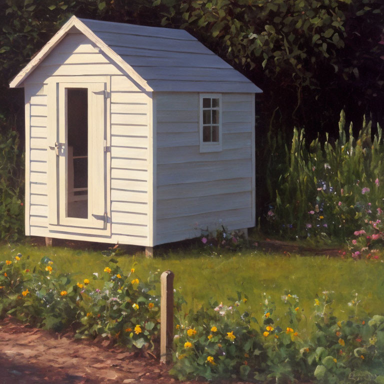 Small White Shed with Dark Roof by Garden Path and Colorful Flowers