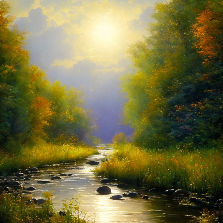 Tranquil Autumn Stream with Sunlit Trees