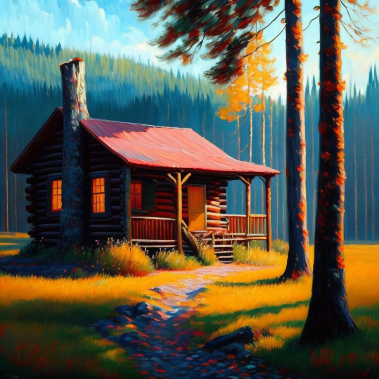 Scenic painting of log cabin in forest with golden light and stone path