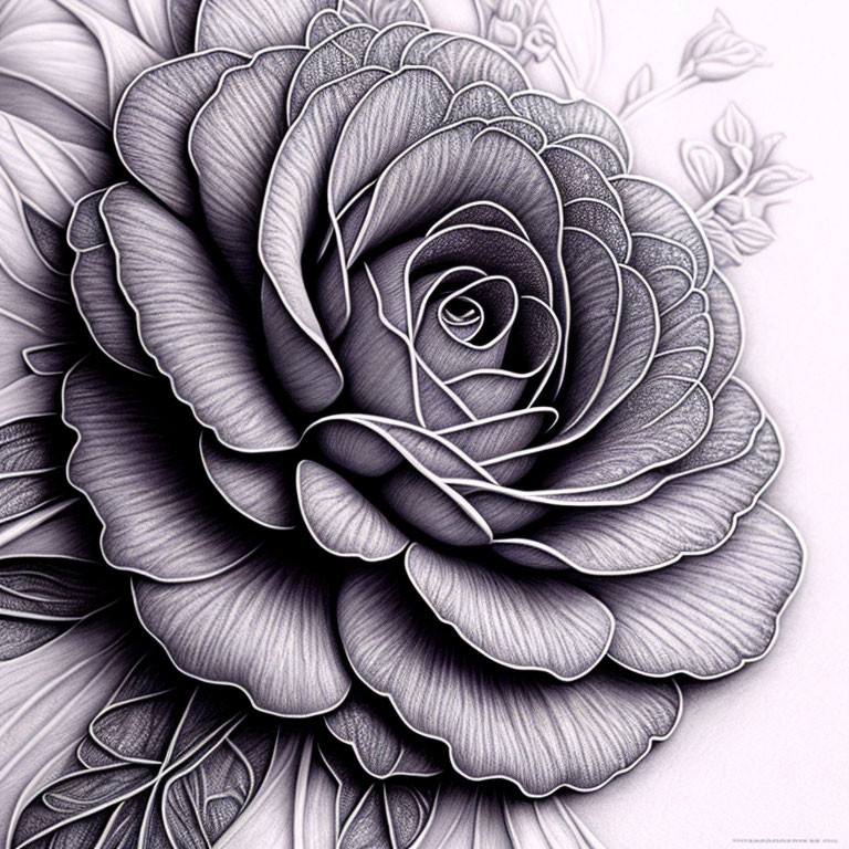 Detailed Monochromatic Rose Illustration with 3D Effect